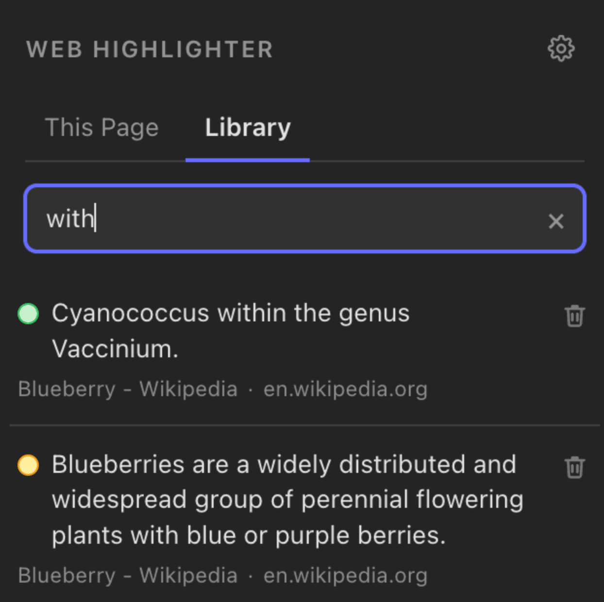 The Web Highlighter library listing saved highlights grouped by the website they came from.